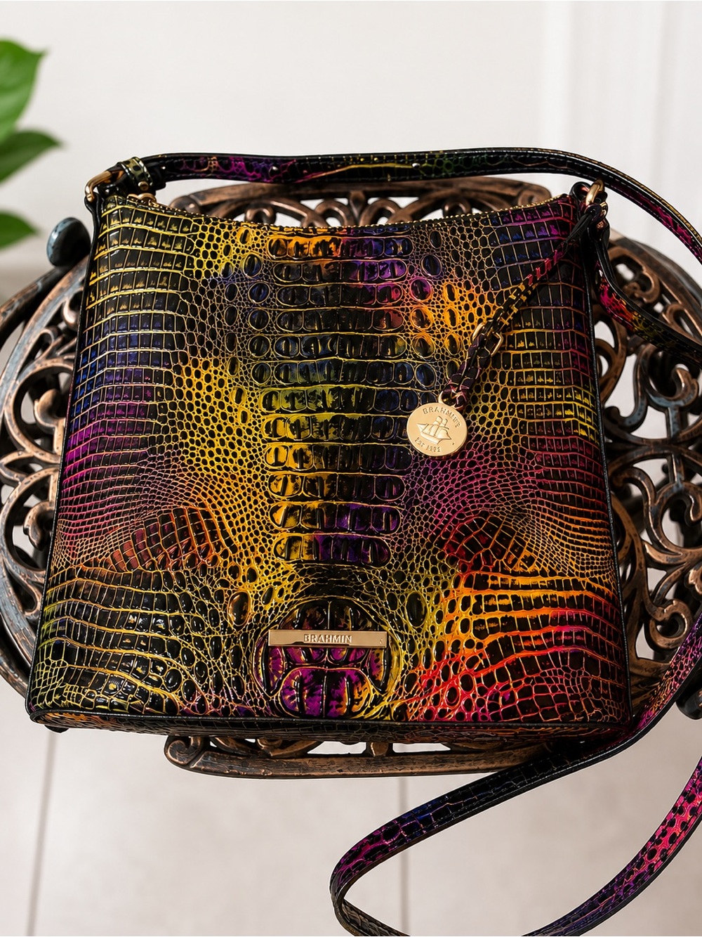 Brahmin Melbourne Iridescent Croc Embossed Leather Crossbody Bag - Picture 2 of 4
